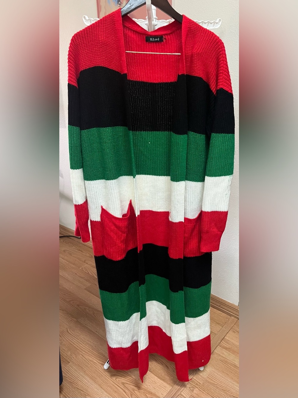 Love Long Open-Front Striped Cardigan Sweater - Red Black Green White